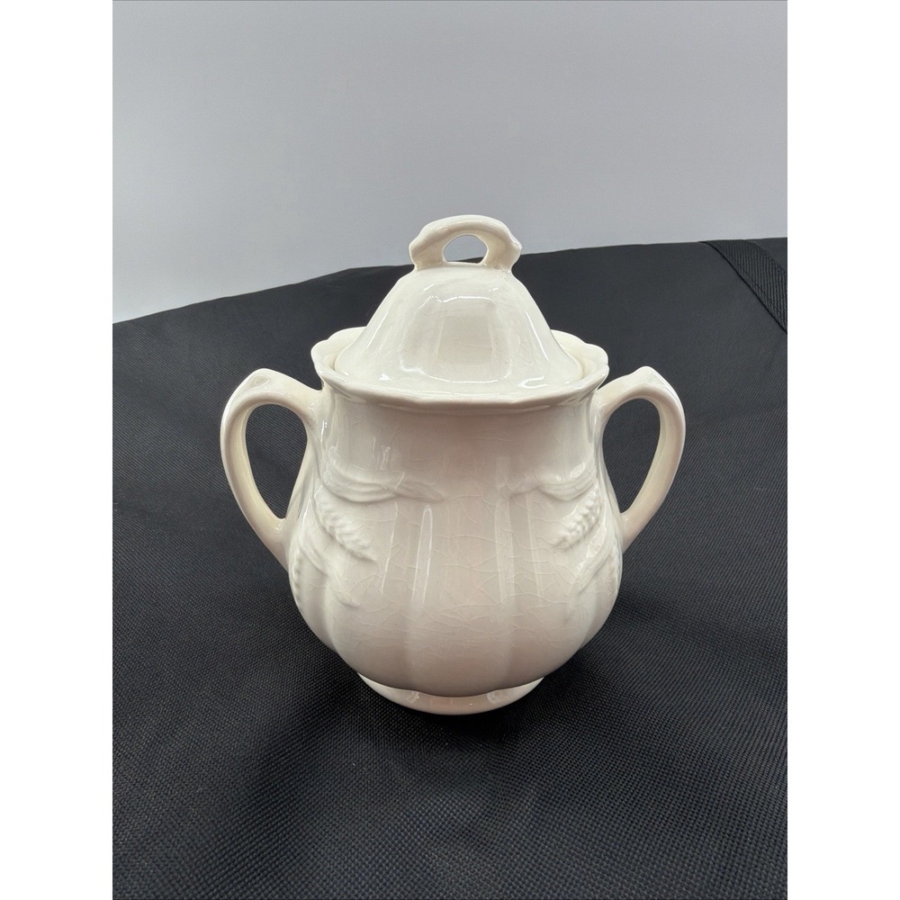 Wheat Sheaf Sugar Bowl White Ironstone w/ Lid Wilkinson Staffordshire England